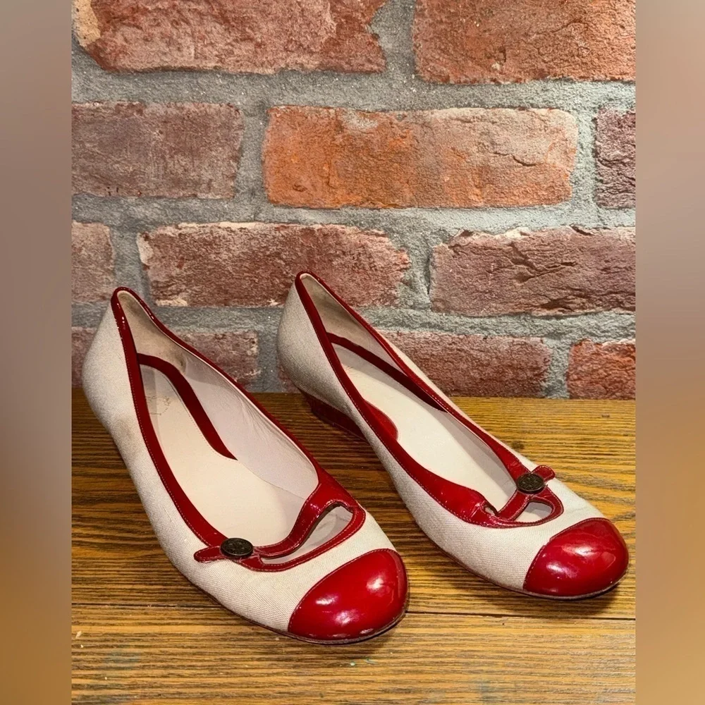 Cole Haan Women's Mary Jane Shoe Red Patent Tan Beige Linen Low Wedge Size 11B - Picture 2 of 10